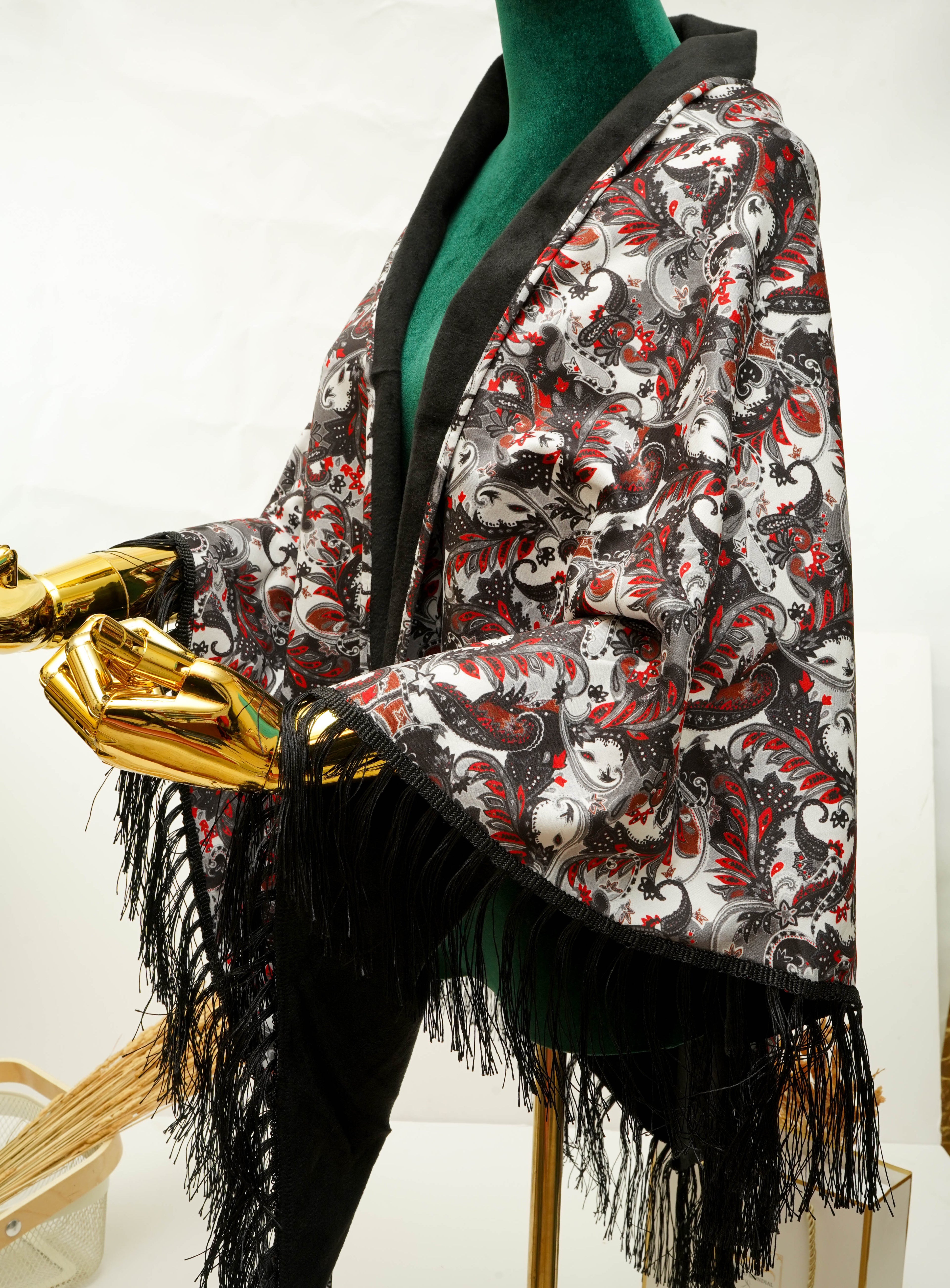 Châle en Velours Rouge Noir TV-001